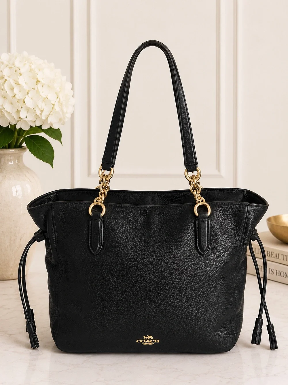 Coach Black Pebbled Leather Tote Bag Gold Chain Shoulder Purse